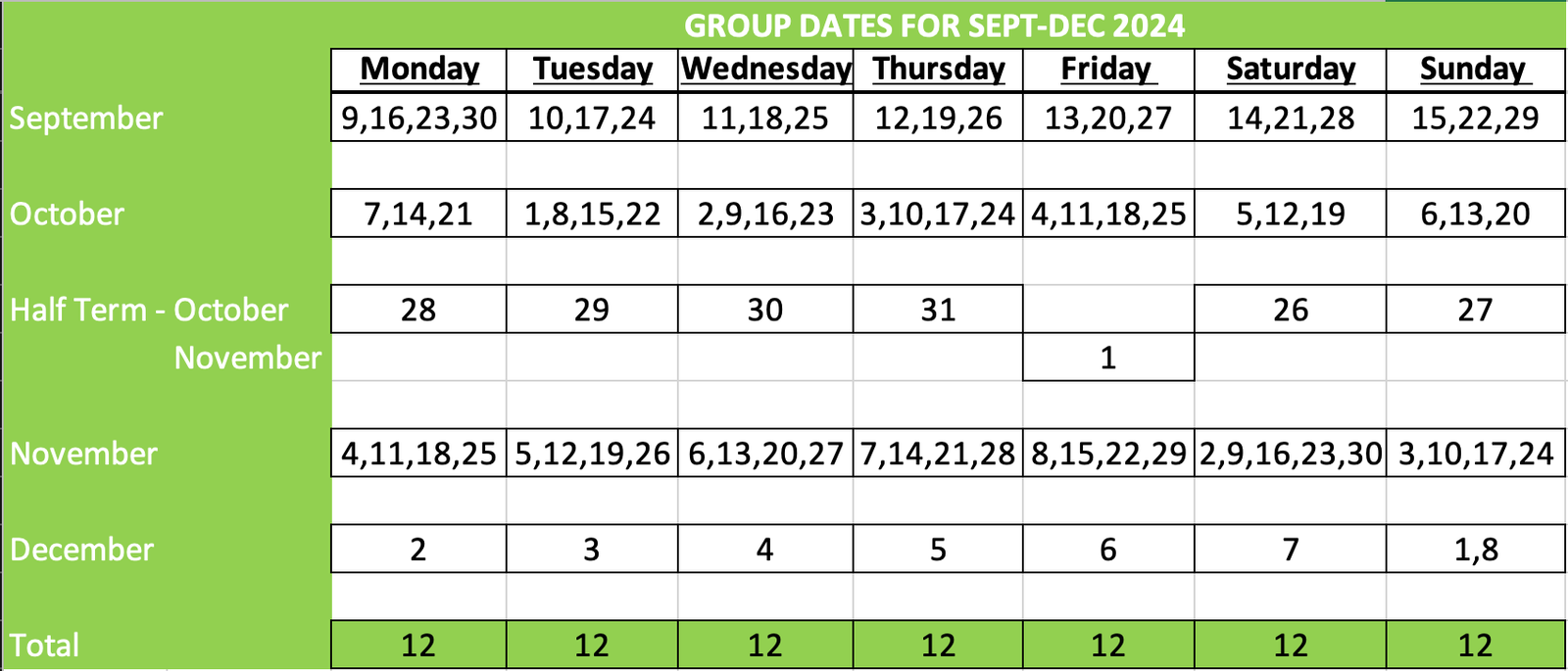 Term Dates spreadsheet for Natalie Frith Tutorials